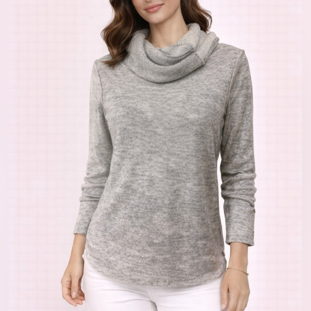 Coldwater Creek Turtleneck Sweater Gray Cream S Small Open Knit Wool Paper Thin